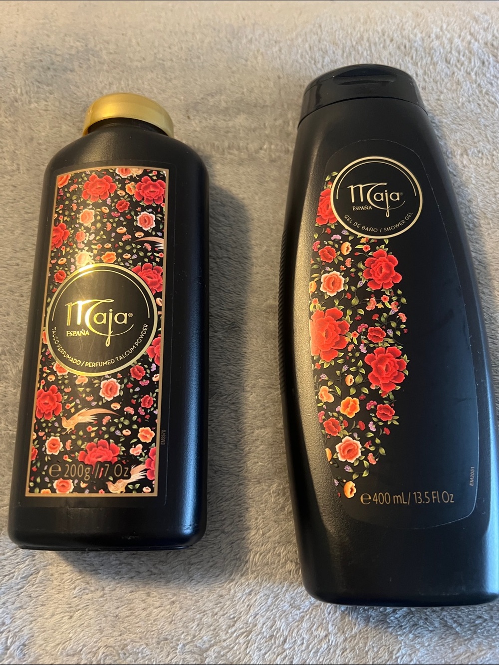 Maja Red Floral Shower Gel - Black Bottle and perfumed talcum powder